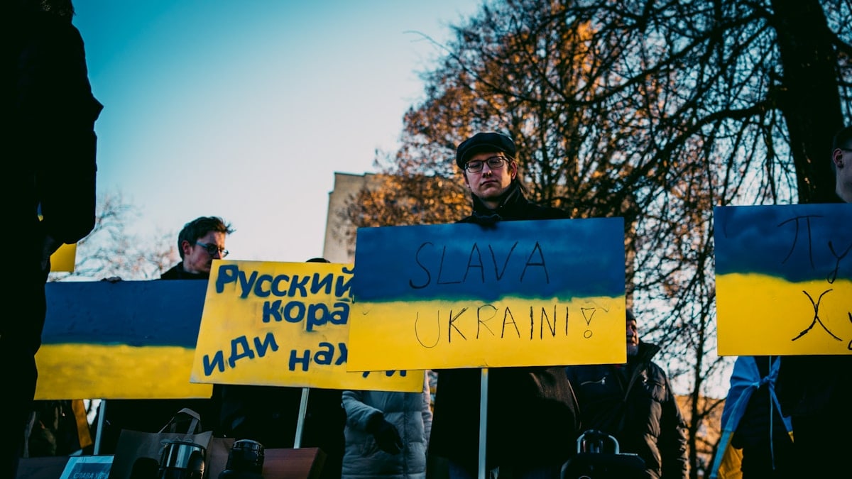 People protesting against war in Ukraine in front of the Russian embassy in Vilnius, Lithuania.